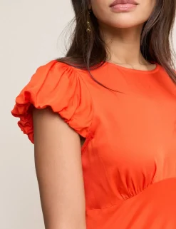 Round Neck Puff Sleeve Midi Waisted Dress