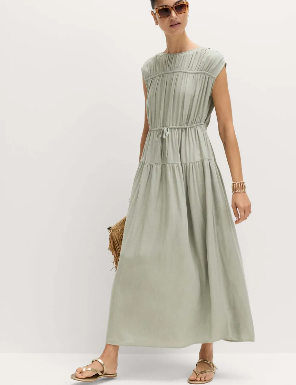 Ruched Maxi Waisted Dress with Linen