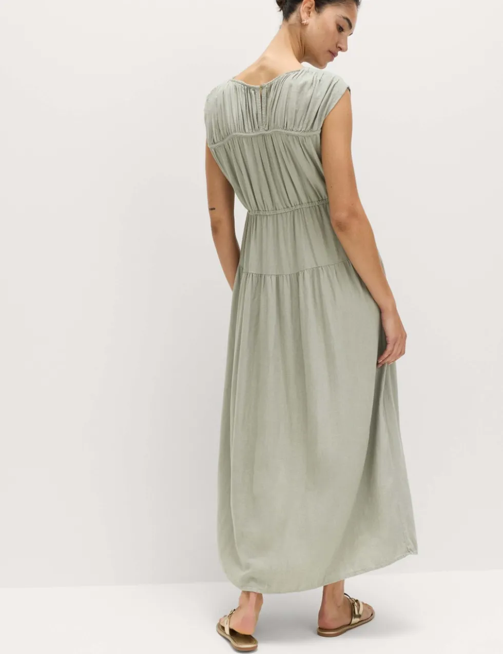 Ruched Maxi Waisted Dress with Linen