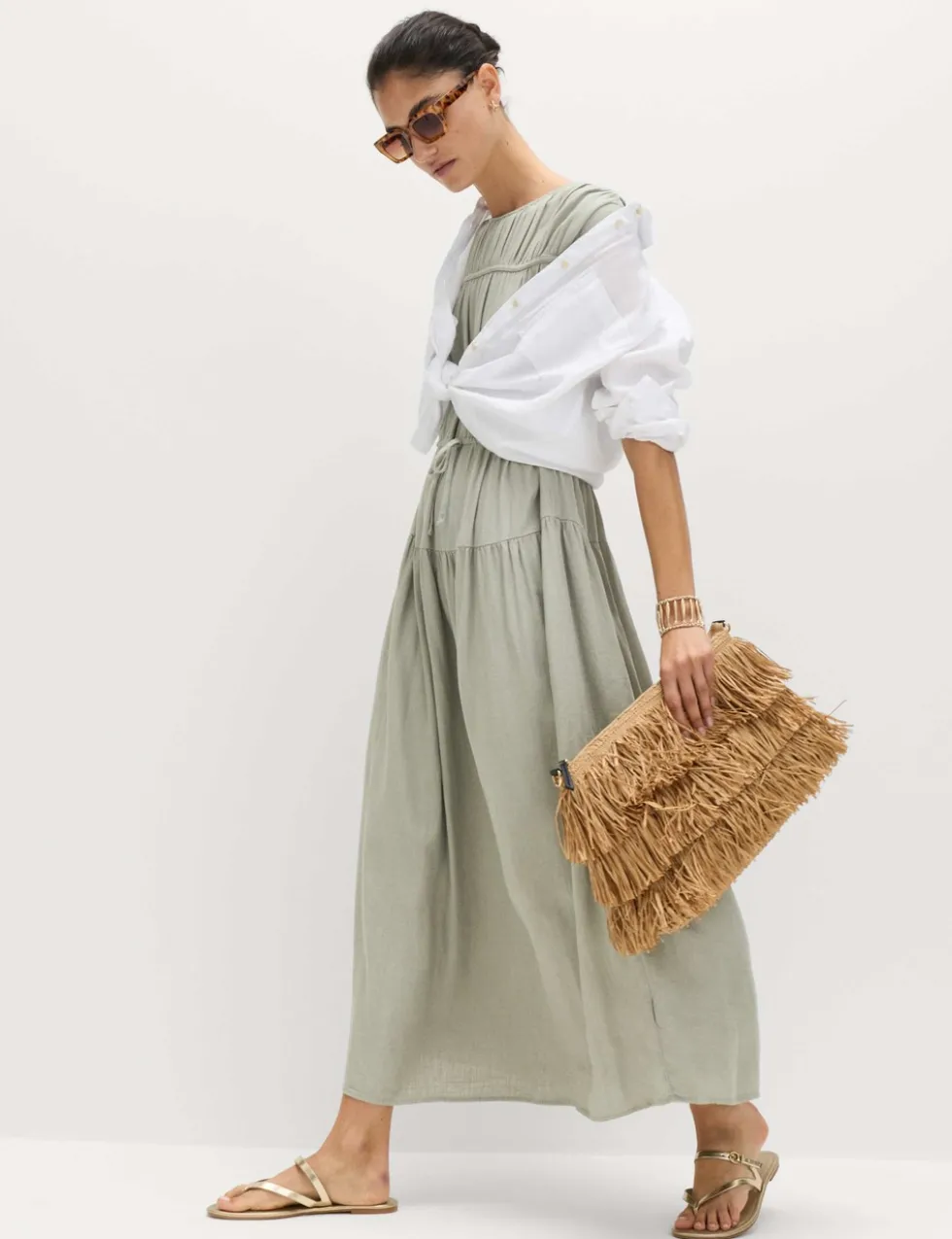 Ruched Maxi Waisted Dress with Linen
