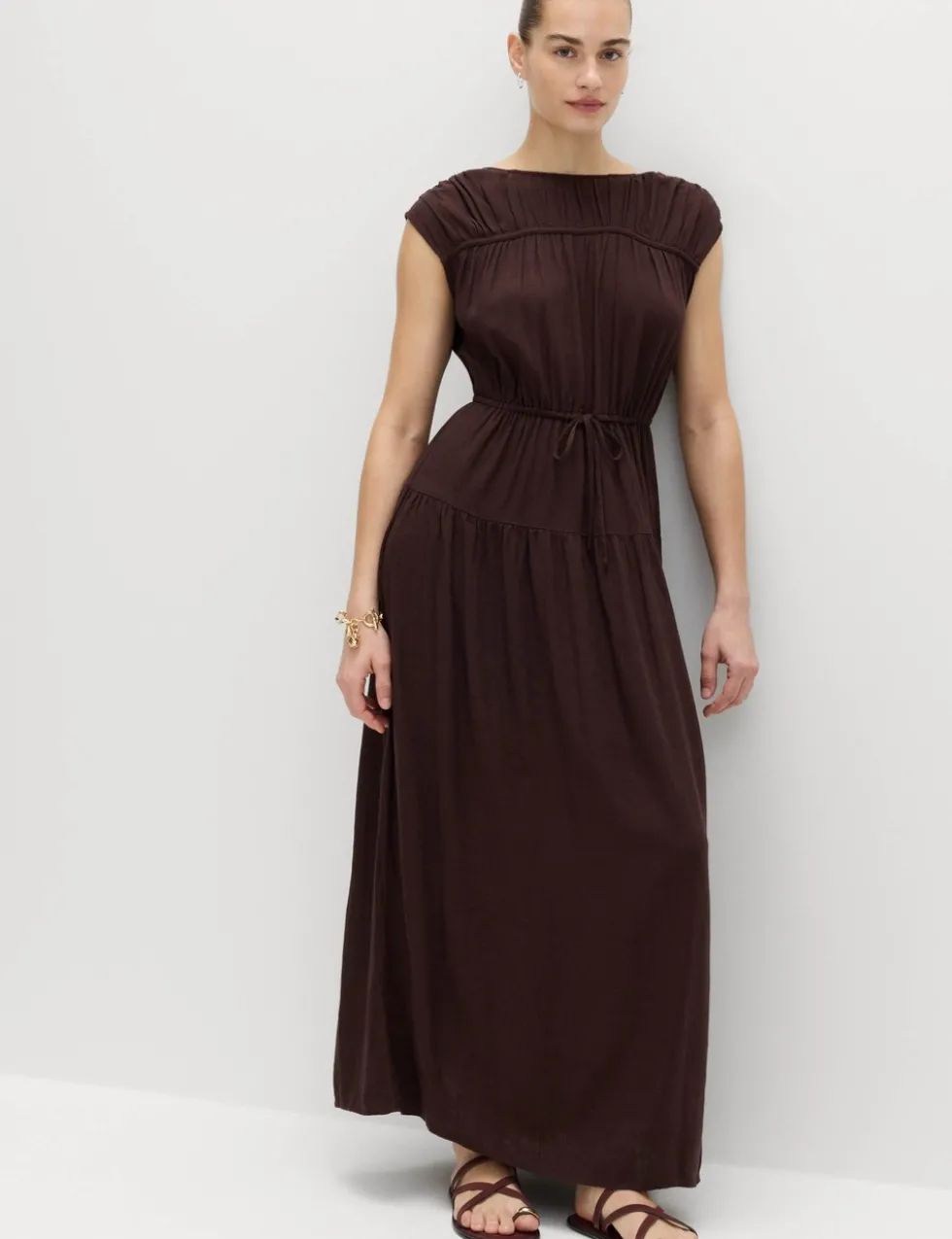 Ruched Maxi Waisted Dress with Linen