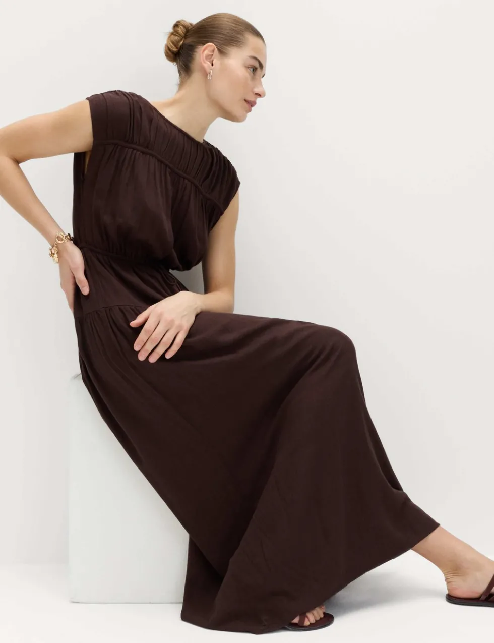 Ruched Maxi Waisted Dress with Linen