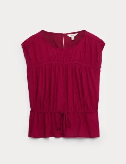 Ruched Scoop Neck Regular Fit Top with Linen