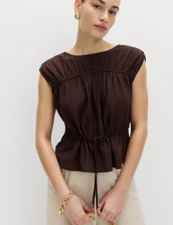 Ruched Scoop Neck Regular Fit Top with Linen