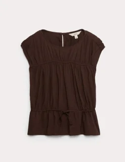 Ruched Scoop Neck Regular Fit Top with Linen