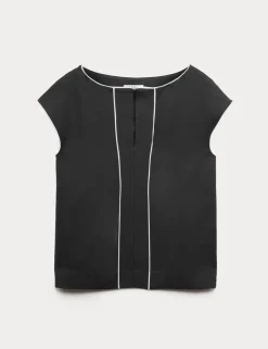 Satin Back Top Contrast Trim with Linen