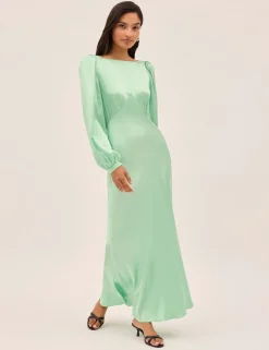 Satin Blouson Sleeve Maxi Waisted Dress