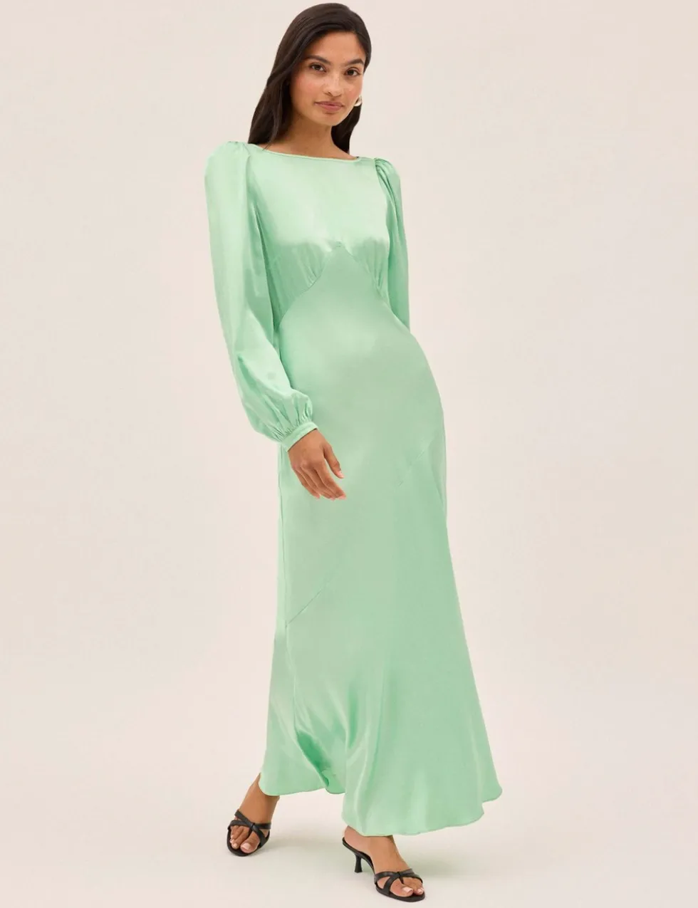 Satin Blouson Sleeve Maxi Waisted Dress