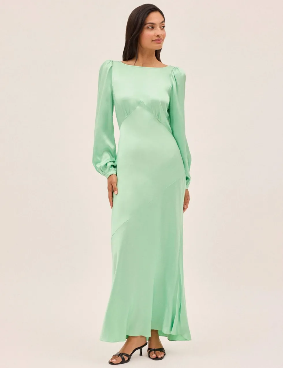 Satin Blouson Sleeve Maxi Waisted Dress