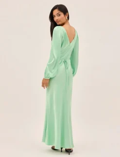 Satin Blouson Sleeve Maxi Waisted Dress