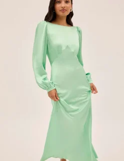 Satin Blouson Sleeve Maxi Waisted Dress