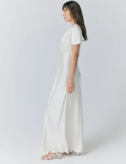 Satin Button Front Maxi Waisted Dress