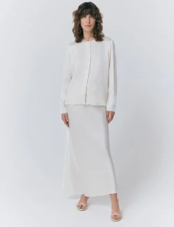 Satin Collarless Button Through Blouse