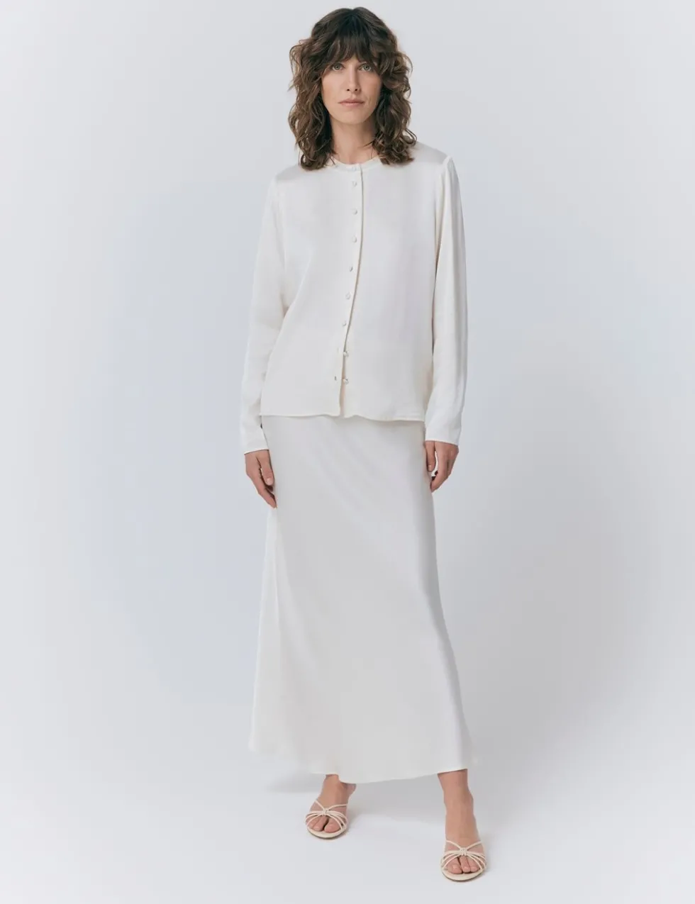Satin Collarless Button Through Blouse