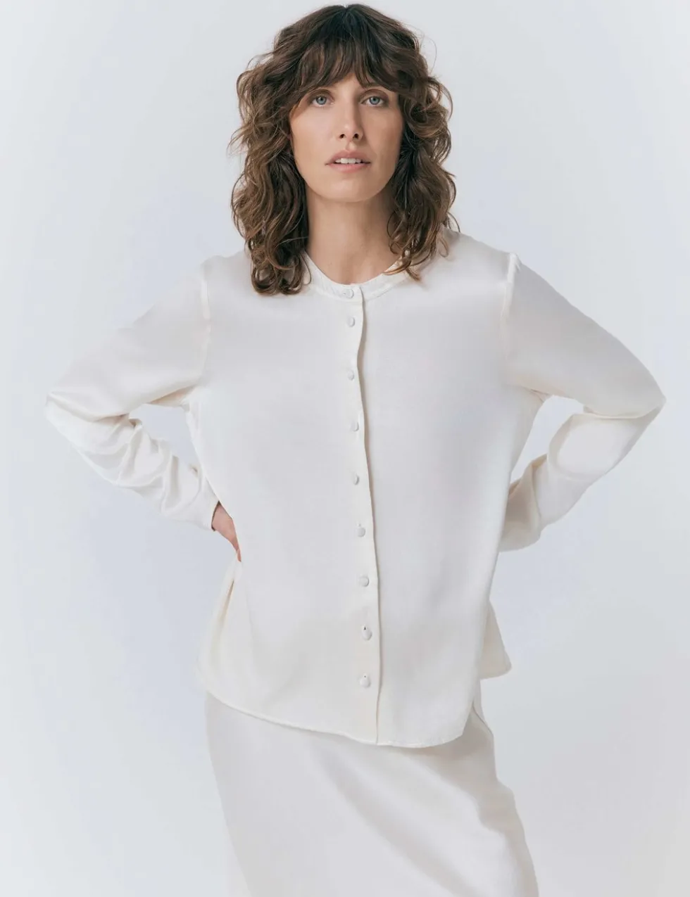 Satin Collarless Button Through Blouse