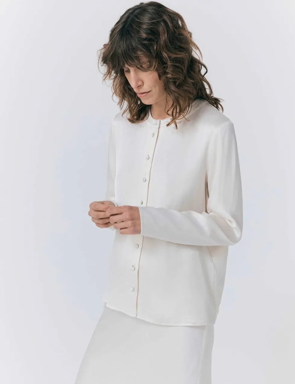 Satin Collarless Button Through Blouse