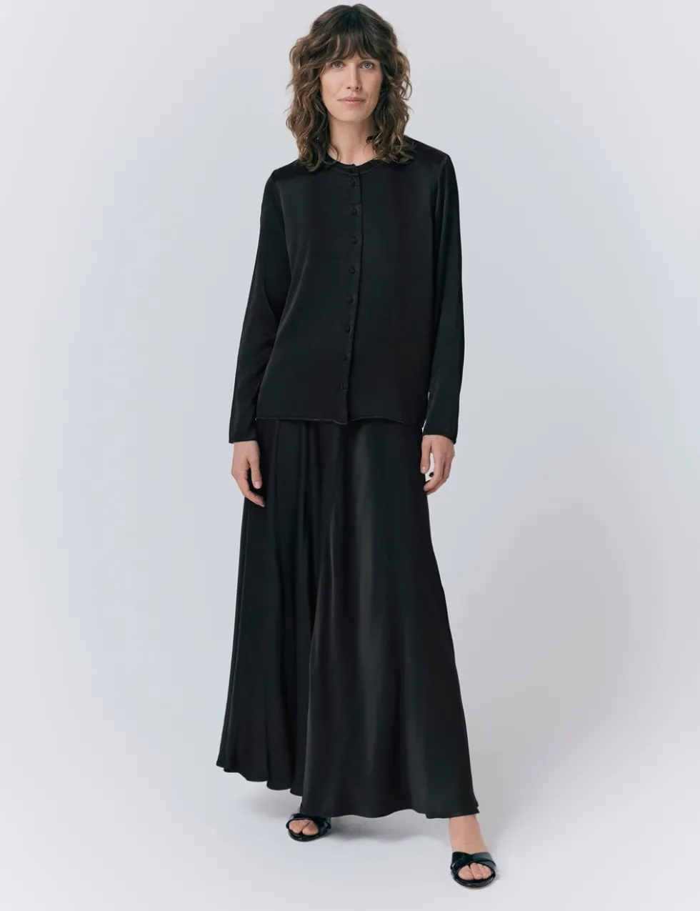 Satin Collarless Button Through Blouse