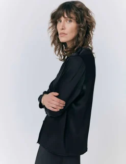 Satin Collarless Button Through Blouse