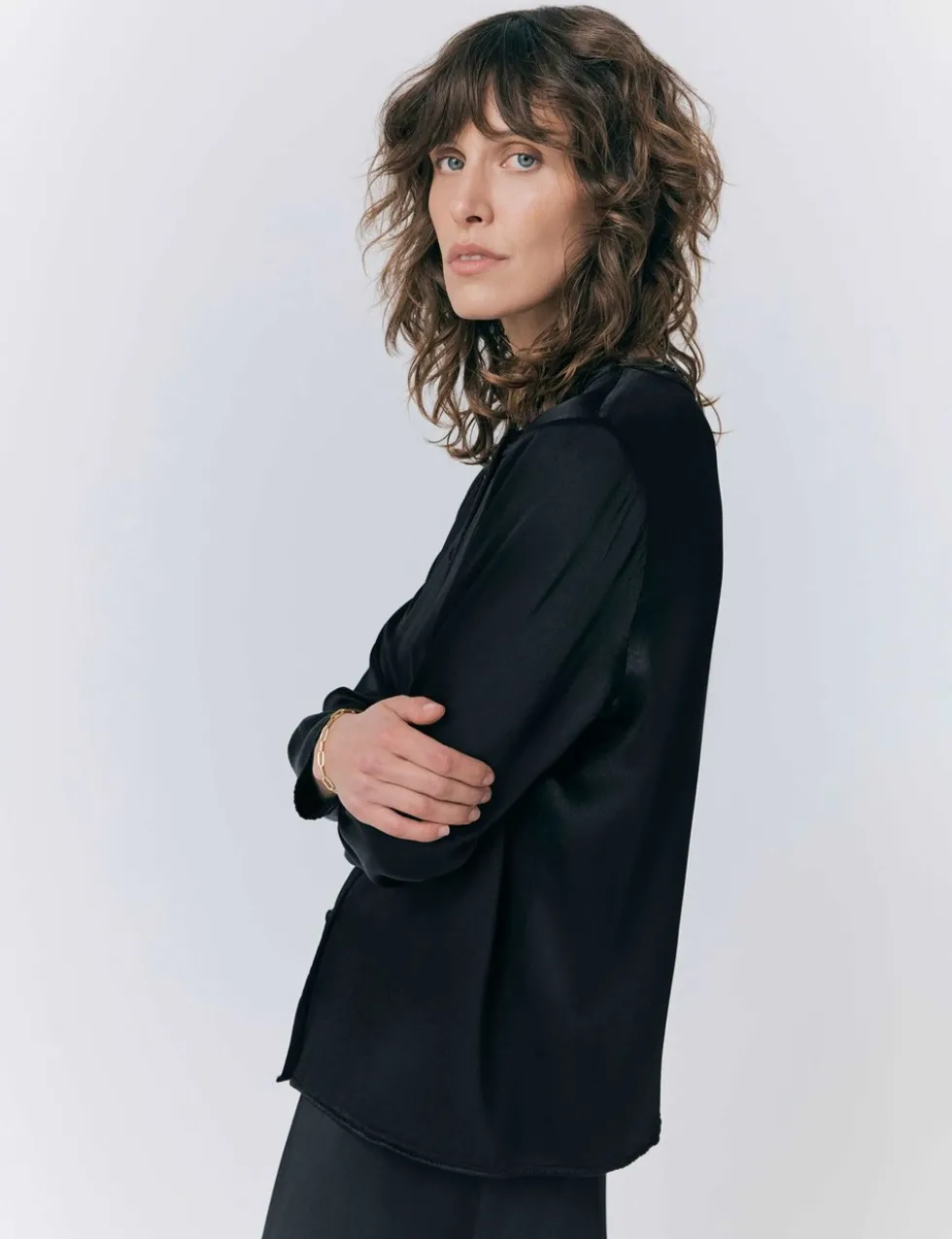 Satin Collarless Button Through Blouse