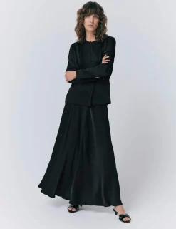 Satin Collarless Button Through Blouse