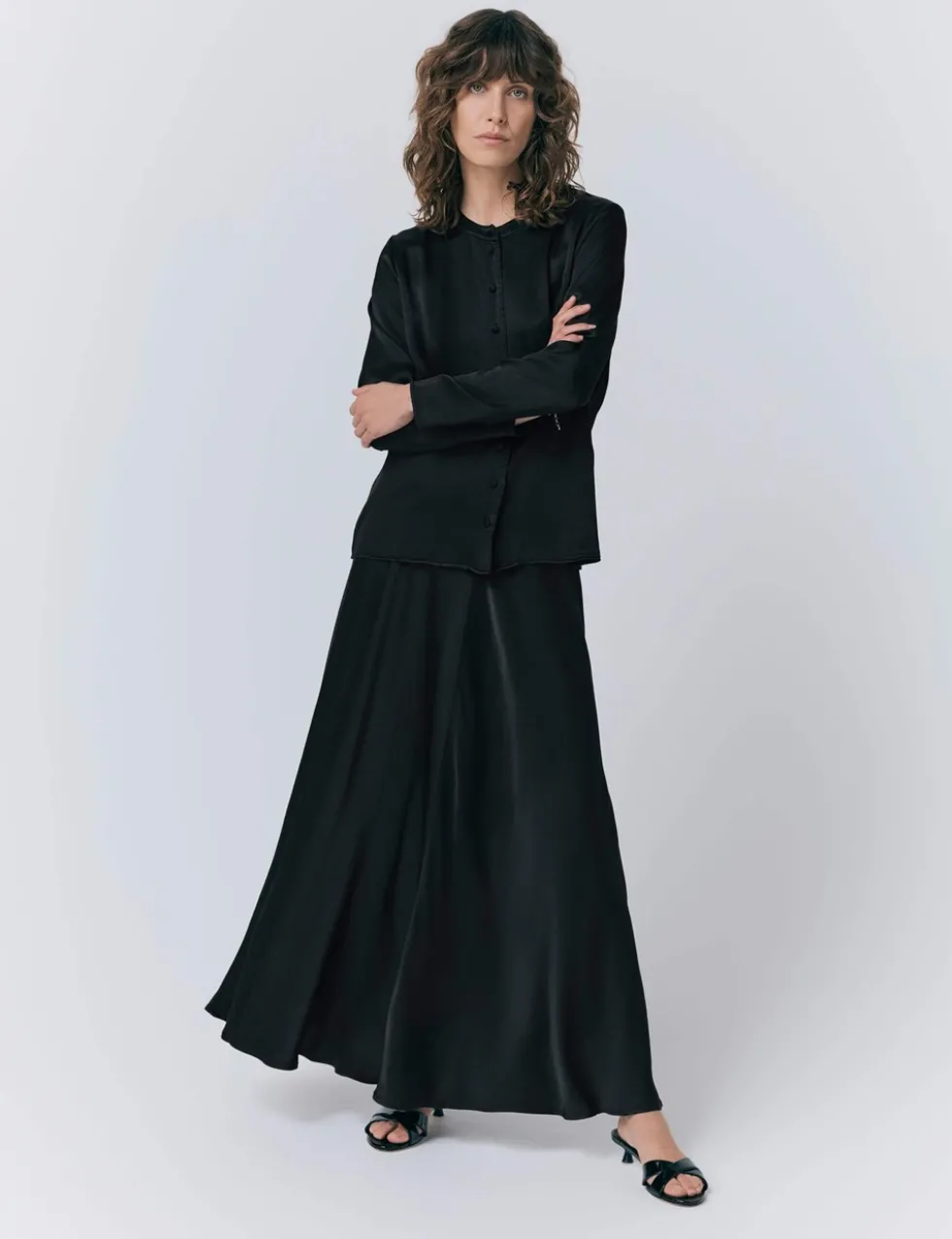 Satin Collarless Button Through Blouse