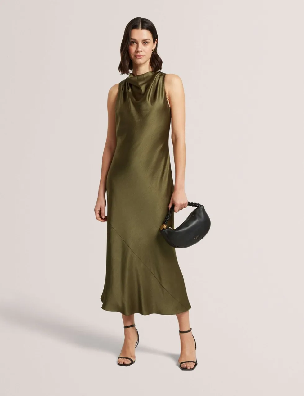Satin Cowl Neck Midi Slip Dress