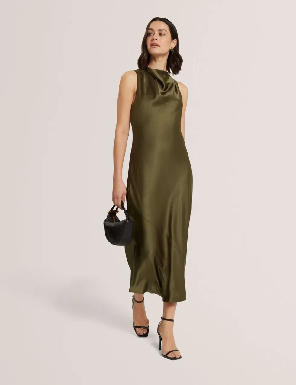 Satin Cowl Neck Midi Slip Dress