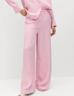 Satin Embellished Relaxed Straight Trousers