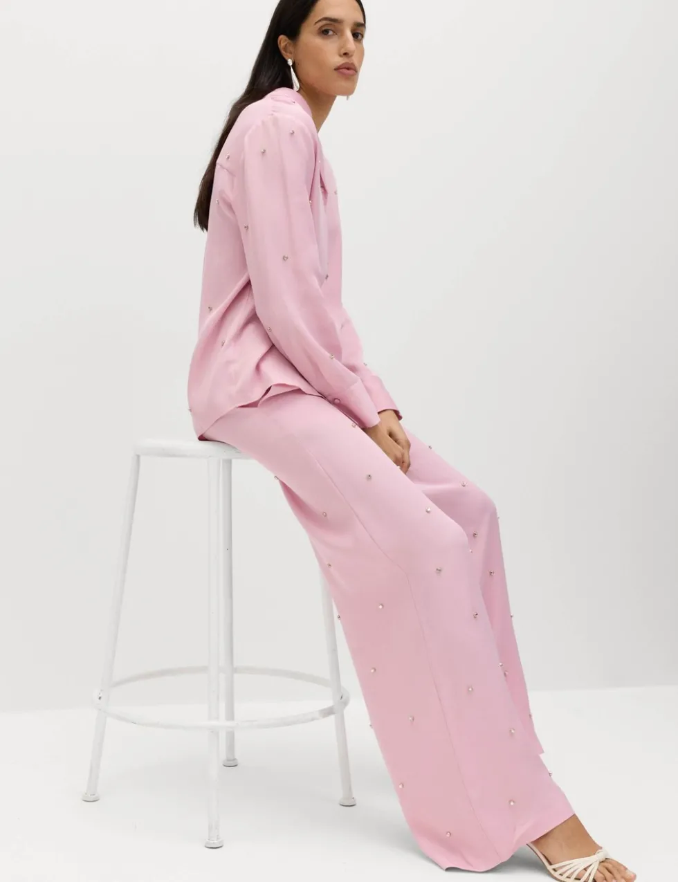 Satin Embellished Relaxed Straight Trousers