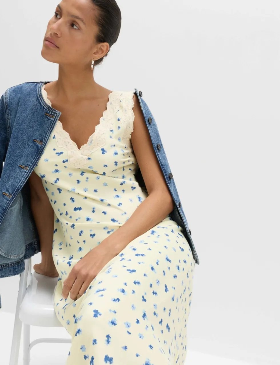 Satin Floral and Lace Midi Slip Dress