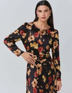 Satin Floral Belted Midi Dress