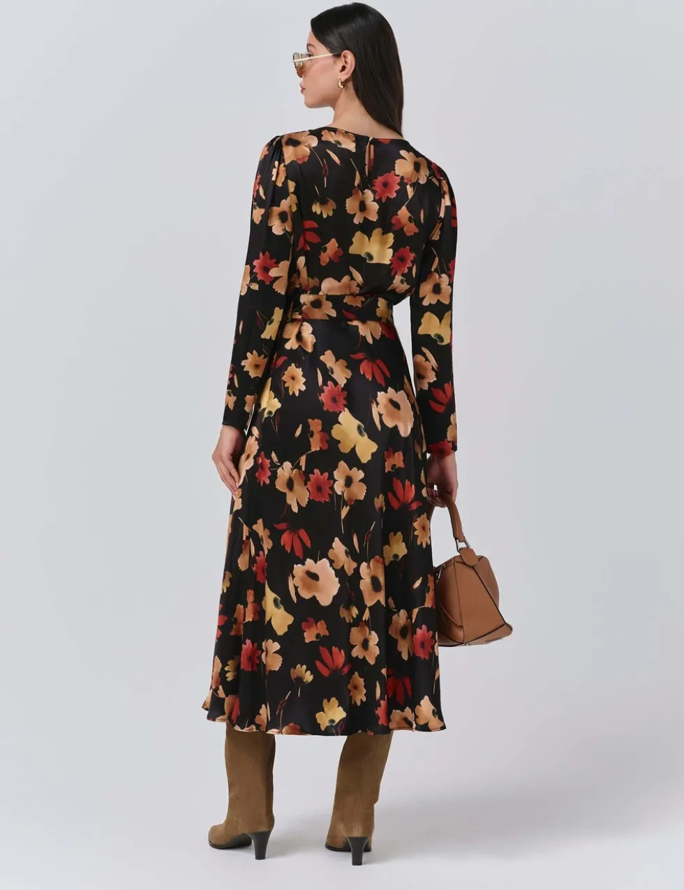 Satin Floral Belted Midi Dress