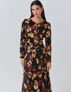 Satin Floral Belted Midi Dress