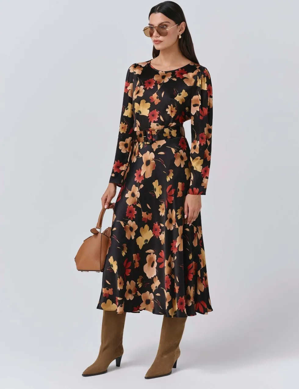 Satin Floral Belted Midi Dress