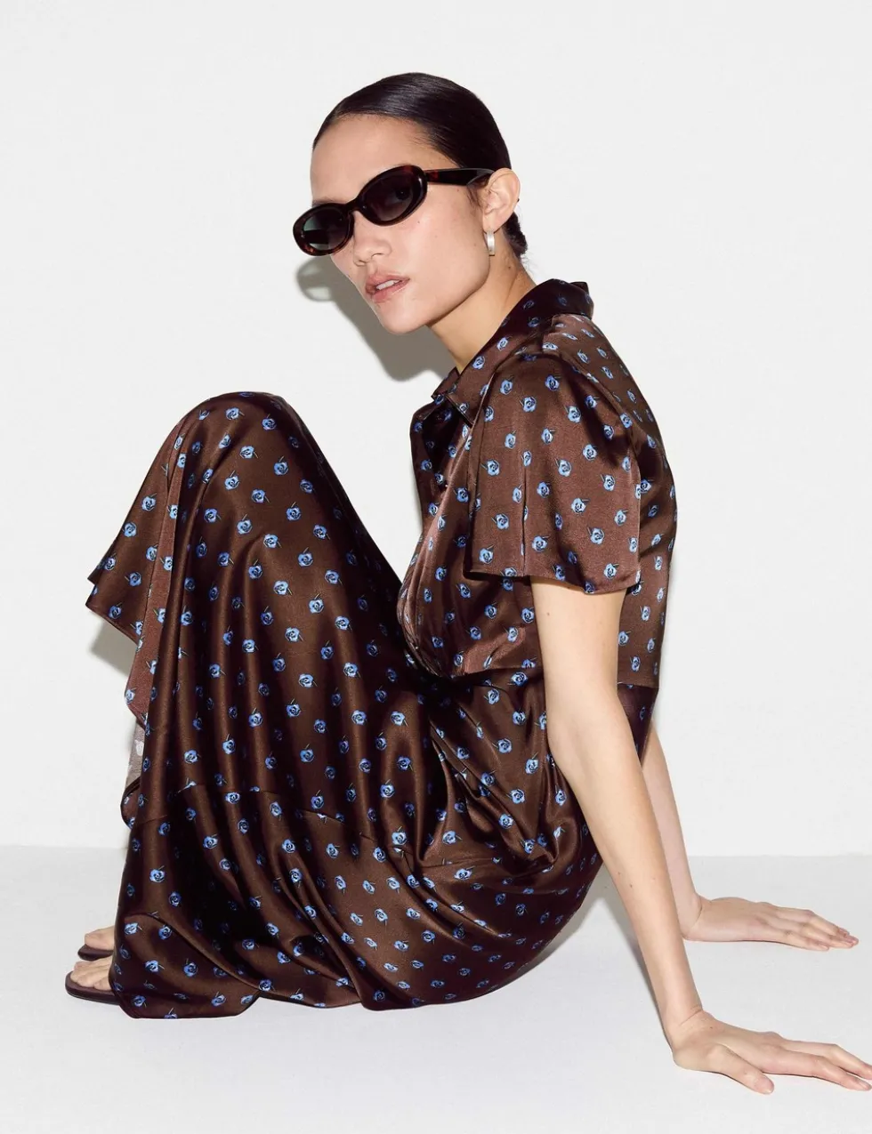 Satin Floral Collared Midi Shirt Dress