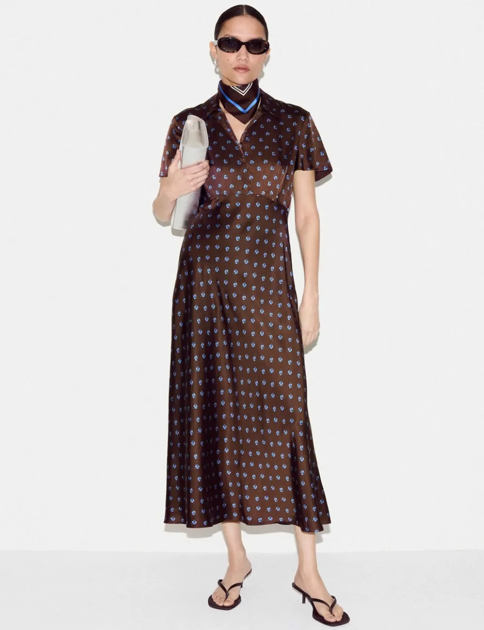 Satin Floral Collared Midi Shirt Dress
