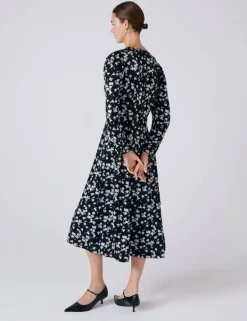 Satin Floral Midi Waisted Dress