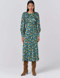 Satin Floral Round Neck Midi Tea Dress