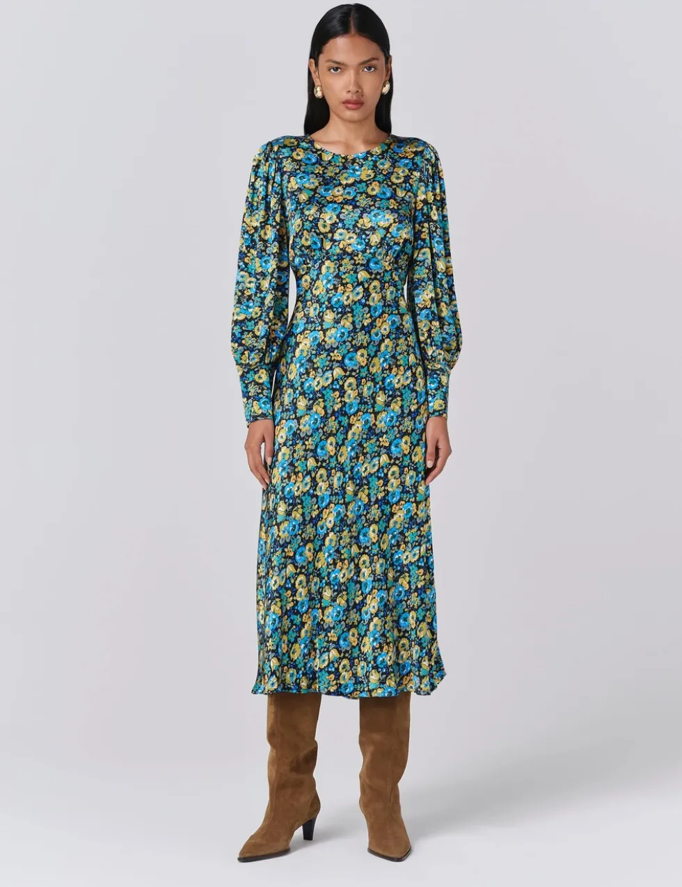 Satin Floral Round Neck Midi Tea Dress