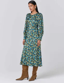 Satin Floral Round Neck Midi Tea Dress
