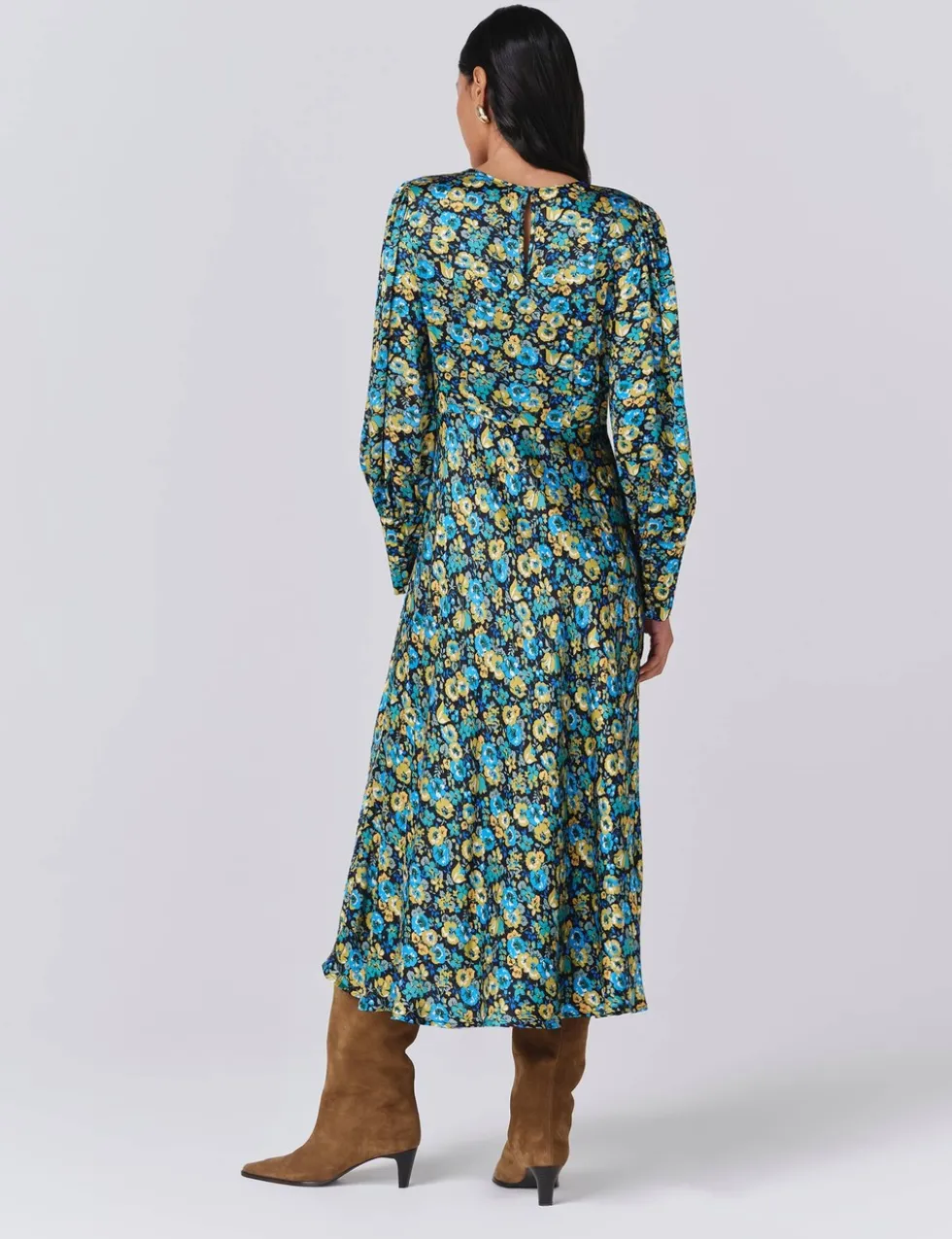 Satin Floral Round Neck Midi Tea Dress