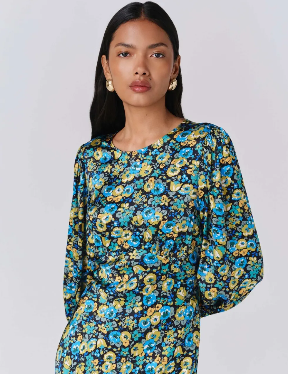 Satin Floral Round Neck Midi Tea Dress