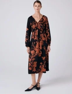 Satin Floral V-Neck Midi Waisted Dress