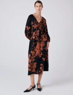 Satin Floral V-Neck Midi Waisted Dress