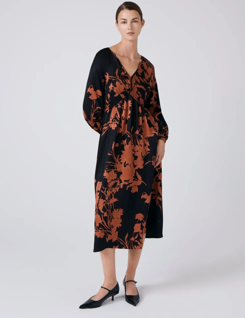 Satin Floral V-Neck Midi Waisted Dress