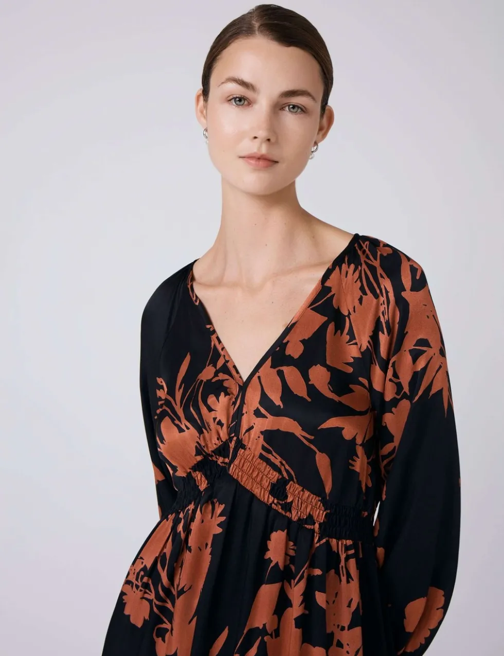 Satin Floral V-Neck Midi Waisted Dress