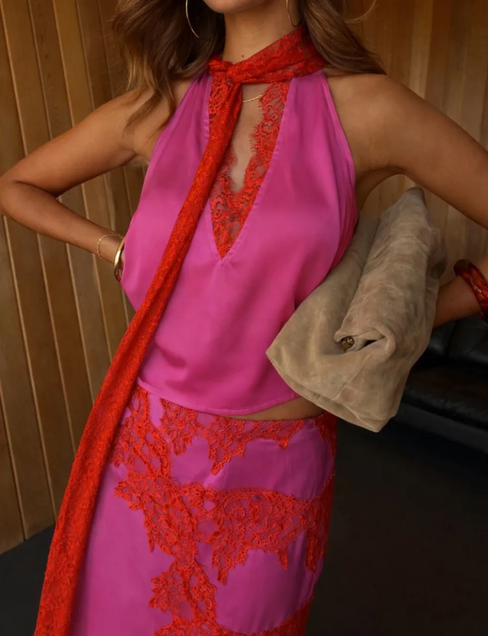 Satin Lace Detail Midaxi Slip Skirt