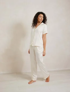 Satin Lace Trim Button Up Pyjama Set