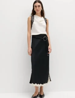 Satin Lace Trim Midi Slip Skirt