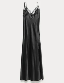Satin Lace Trim Strappy Long Chemise
